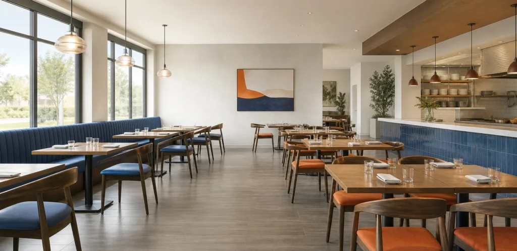 Clean contemporary restaurant dining room prepared for guests