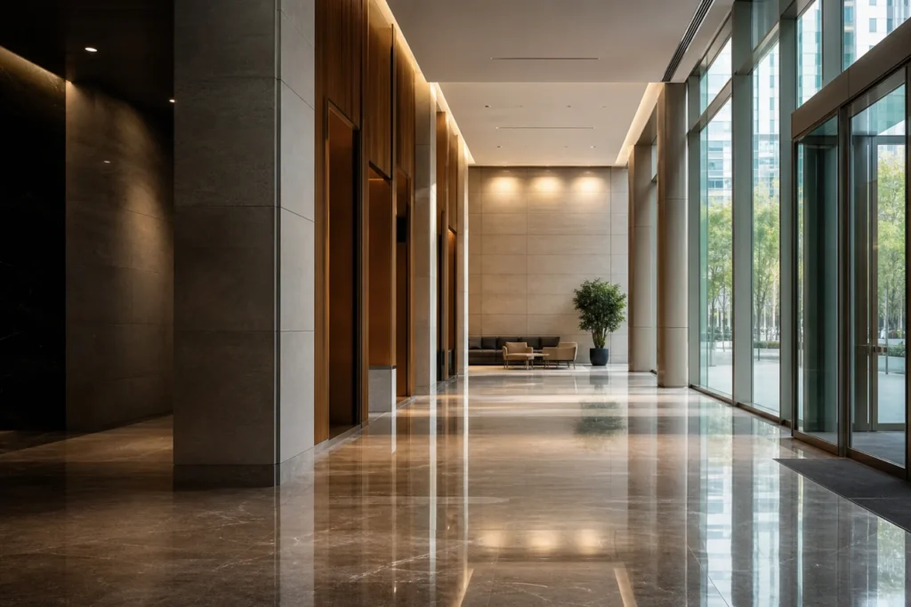 Empty premium San Jose commercial lobby and common area