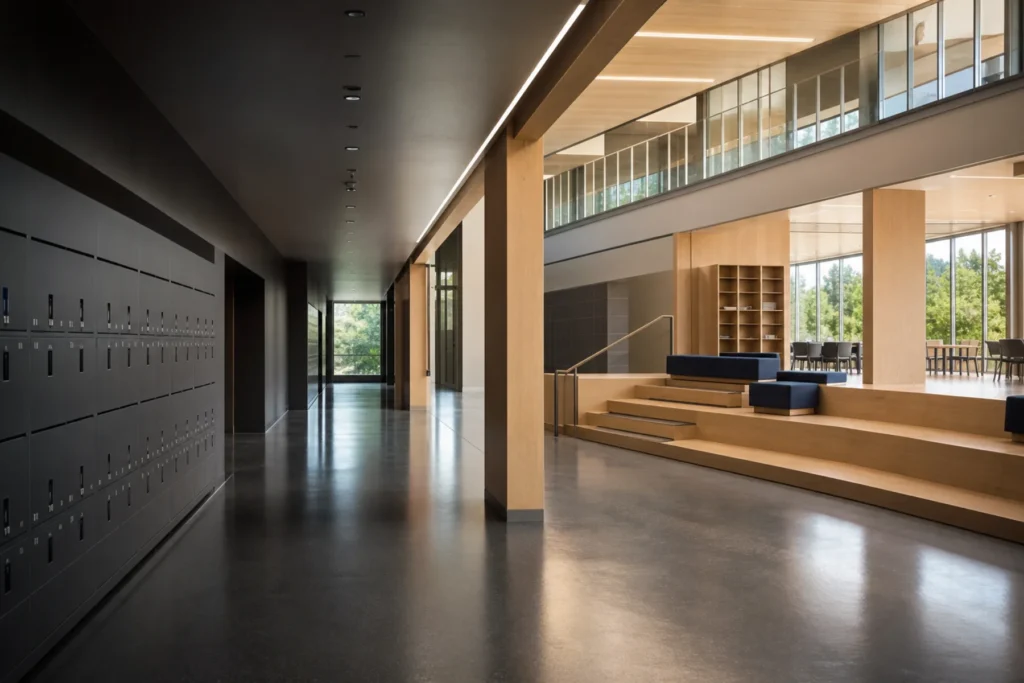 Empty modern San Jose school corridor and learning commons